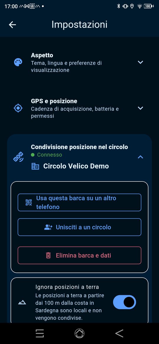 Impostazioni, Condivisione posizione nel circolo: QR della barca, circolo, eliminazione