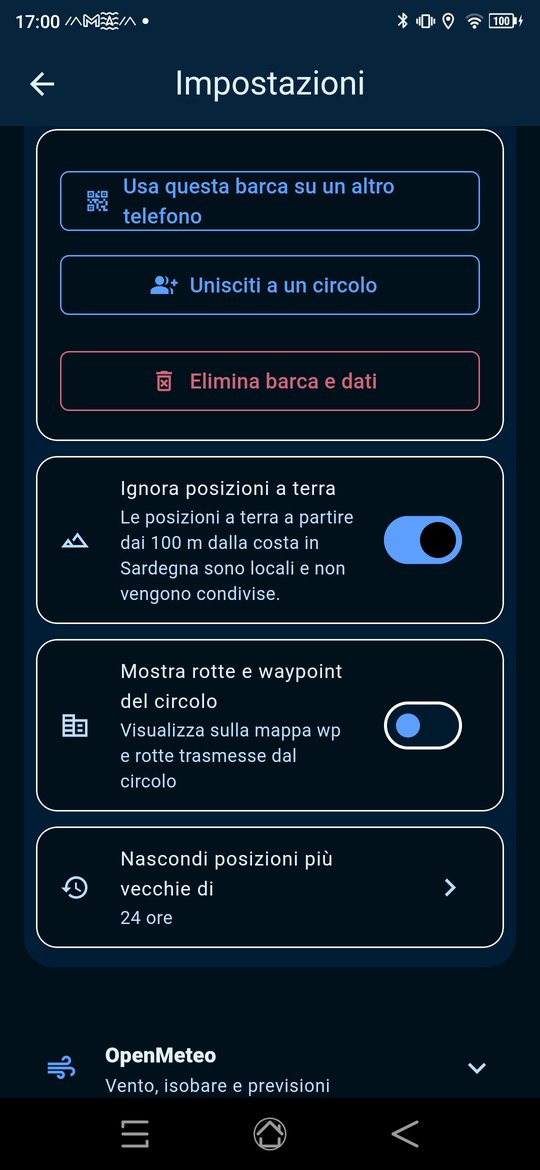 Impostazioni, contenuti del circolo e filtro delle posizioni