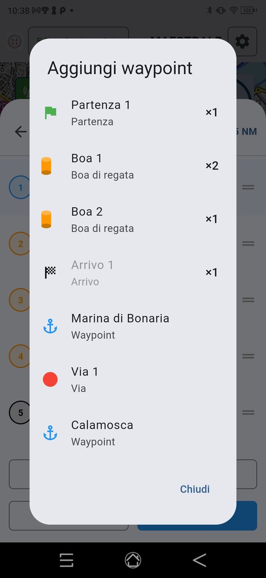 L'elenco per aggiungere waypoint, con il numero di passaggi